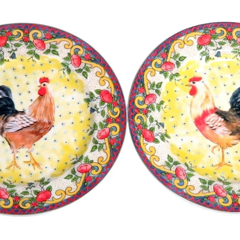 Set of 2 American Atelier Petite Provence 8 Inch Porcelain Rooster Salad Plates
